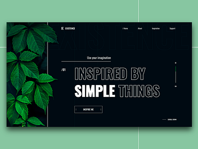 Existence: Website for Your Inspiration black concept design first flat green illustration inspiration leaf minimalistic modern screen simple ui white