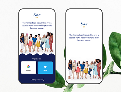Dove Login app design homepage mobile ui