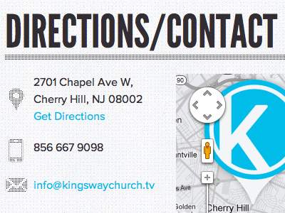 Directions/Contact blue cherry hill church google grey icons kingsway map texture website