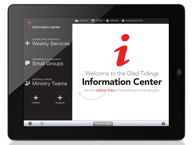 Info Center 1 app center glad tidings info ipad kiosk vector web