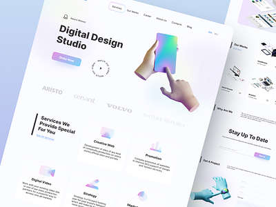 Design Agency / landing page 3d illustrations blue blur blur icons digital studio figma gradient landing page mainpage pink portfolio services ui ux web web design website whitespace