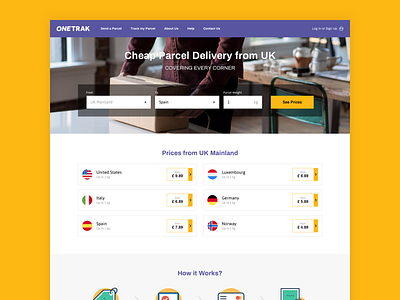 ONETRAK - Landing Page call to action cebanas delivery delivery landing page delivery service fedex filters header homepage how it works landing page parcel delivery parcel tracking prices search form wireframe