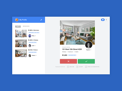 Tinder for finding roommates clean ui interface listing minimal modern design property room roommates sidebar tinder web app design web design