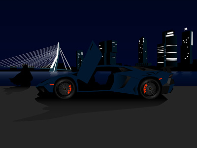 Illustration of a Lamborghini Aventador SV in Rotterdam at night