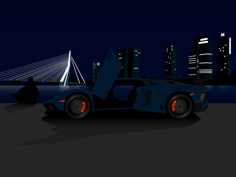 Illustration of a Lamborghini Aventador SV in Rotterdam at night rotterdam sv aventador lamborghini illustrator adobe