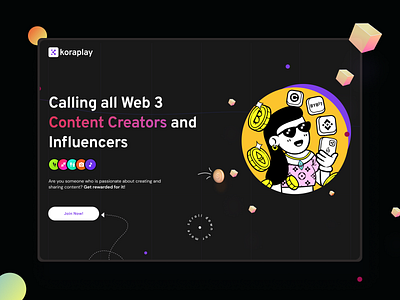 Koraplay-Creators Hero section branding design designers dribbble illustration landingpage socialmedia typography ui ux web web3