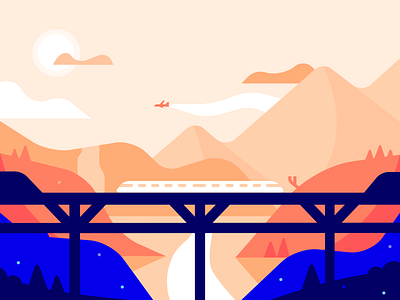 monorail blue color design graphic design illustration illustrator landscape minimal orange vector