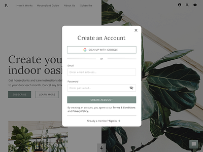 Create an Account - Houseplant Subscription account adobexd create account houseplants minimal overlay plants sideproject sign in signup ui ux website