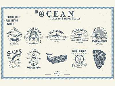 10 Ocean Vintage Badges anchors logos ocean octopus sailor man sea shark under water vintage badges vintage banner vintage ocean whale