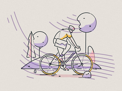 En route bag bicycle character colour and lines cycling editorial illustration james oconnell landscape minimal riding thumbprint