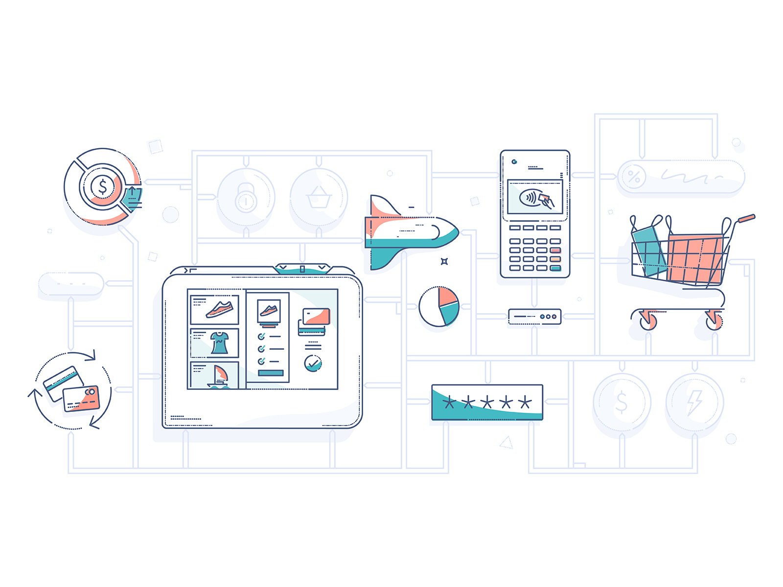 Build your own solution airfix basket build colour and lines ecommerce finance fintech illustration minimal money payments tech thumbprint