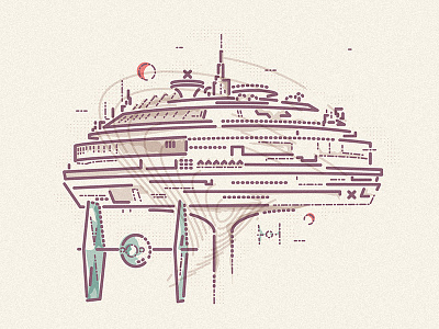 The Imperial City colour and lines flying icon illustration starwars station world