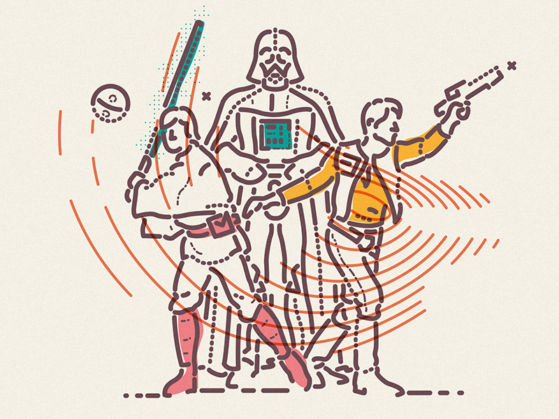 Go team icon darth vader skywalker hans solo light saber usa sci-fi starwars thumbprint colour and lines illustration