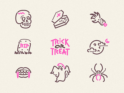 Trick or Treat icons coffin fangs fright ghost halloween icons illustration october scary skull spider vector