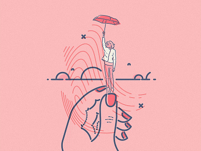 Drifting away characters colour and lines icons illustration symbol thumbprint umbrella woman