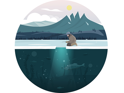 Ice Angler Illustration - Fishing angler demonnes fish fishing ice angler illustration illustrator light mood moody texture underwater vector