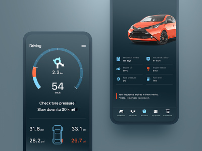 Car Insights App through OBDII app app design apple automotive car dashboard design driving engine flat gauges ios mobile modern obd obdii speedometer tyres ui