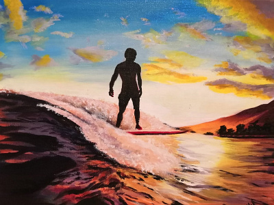 Surfer on sunset acrylic painting illustration painting realism