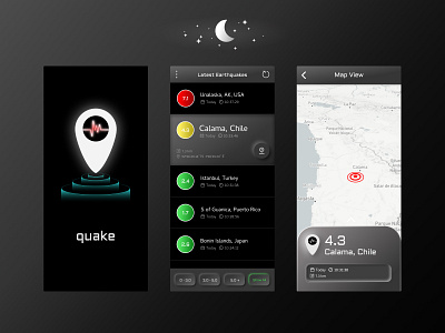 Earthquake App Night Mode app black earthquake figma icon ios logo map minimal neumorphic night mode skeumorphism splash page ui ux