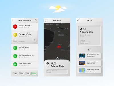 Earthquake App Standard Mode! app design earthquake figma ios map minimal neumorphism news skeumorphic ui ux vector