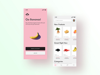 Go Bananas! Fresh Food and Groceries App app colorful design ecommerce figma food app fruits grocery icon ios minimal organic ui ux vector veggies