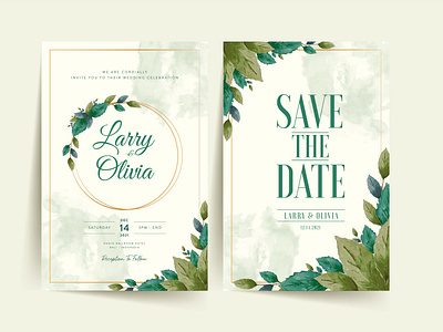 Beautiful wedding invitation template with watercolor leaves