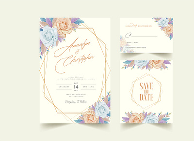 Beautiful wedding invitation template with Watercolor Floral artistic beauty border bouquet bridal ceremony date elements garden groom leaves lovely nature ornaments print stationery template watercolor flowers wedding wreath