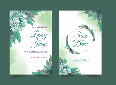 Wedding Invitations In Green watercolor floral artistic beauty border bouquet bridal ceremony date elements garden groom leaves lovely nature ornaments print stationery template watercolor flowers wedding wreath