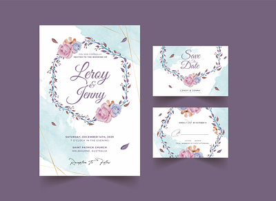 Wedding Invitations With Watercolor Flower artistic beauty border bouquet bridal ceremony date elements garden groom leaves lovely nature ornaments print stationery template watercolor flowers wedding wreath