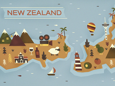 New Zealand illustration map new zealand retro
