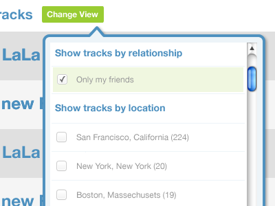 Track filter blue checkbox dropdown flyout green