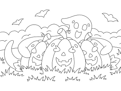 Cute ghost hugs pumpkins. Coloring book page for kids.