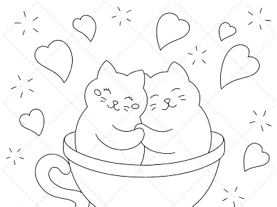 ❤🐈 Cute cats in a cup coloring page 🐈❤