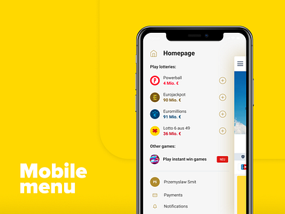 Mobile menu for Lotto Online