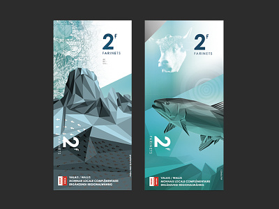 2 FARINETS local money ademus artwork branding design exchange farinet farinets illustration local currency money mountain pay payment river trout valais vector