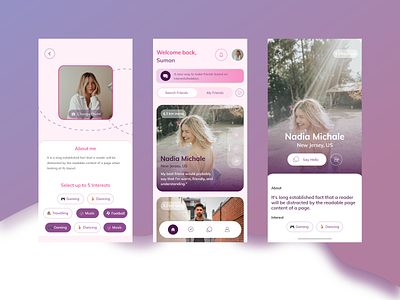 Match with like minded people design friend match friends profile homescreen landing screen nearby friend profile ui ui design update profile user profile ux view profile