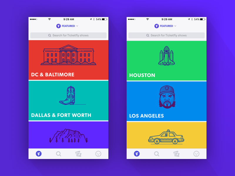 Creating Illustrations for the Ticketfly iOS app city ice cube list cards product icon illustration