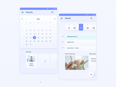 Planner with UI Elements add addbutton blue calendar dayplanning floating button gradient materialdesign minimal mobile mobiledesign pastel colors planner planners smooth ui uidesign uielements uikit uxui