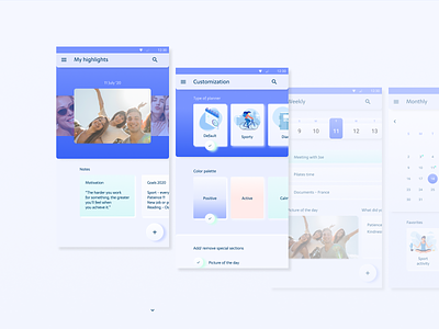 Planner mobile design with UI elements blue cards customization floating button gradient inspiration materialdesign minimal mobiledesign palette pastel color planner planning smooth softcolor uielements uikit