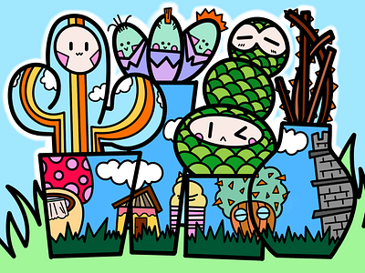 Team Cactus cactus cartoon castle clouds colours digital family illustration ipad mushroom plants procreate rainbow