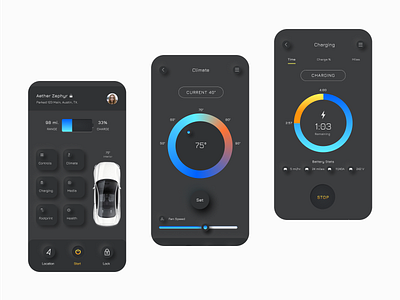 Aether - Home Screen, Climate, Charging app automotive electric vehicle minimal mobility skeumorphic ui ux uxui