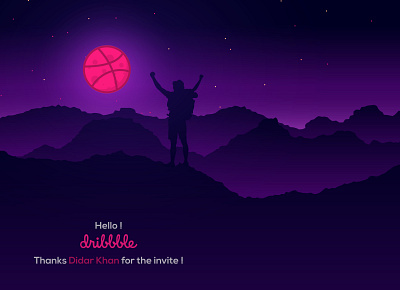 Hello Dribbble ! 1st shot design dribbble best shot hello dribbble hiking illustration landscape landscape illustration logo moon mountain night trekking trend vector welcome shot