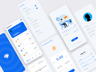 Bitcoin Wallet App app bitcoin bitcoin services bitcoins blue brand identity branding crypto wallet cryptocurrency dashboard design illustration login profile rahul kumar rkhd send bitcoin signup splash page wallets