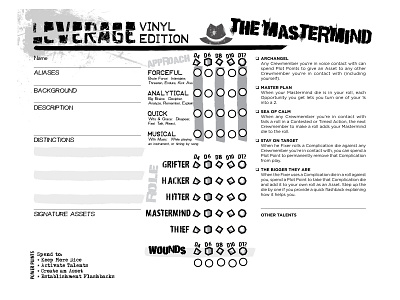 Charactersheet: Leverage (Vinyl Edition) character sheet forms layout typography