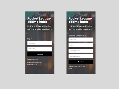 UI Challenge #1: Rocket League Team Finder Sign Up Page Mobile challenge 1 daily ui game team finder log in not really daily ui rocket league sign up ui