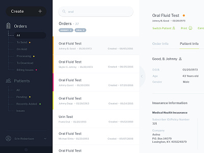 Order and patient dashboard app clean dashboard data desktop hospital list menu patient search sidebar web