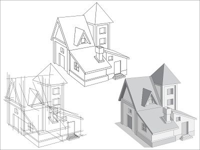 Building. architecture building cottage courtyard estate exterior facade gray house infrastructure manor model outline perspective scene shadow stage tower yard