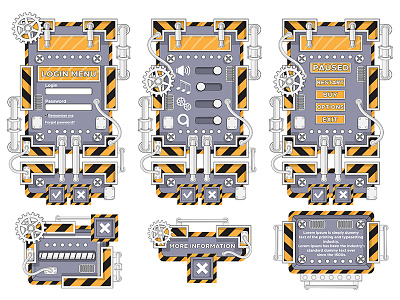 Design of the game user interface. Futuristic frames. app application bar button futuristic industrial interface key mechanism menu panel play setting sign symbol technology tool user