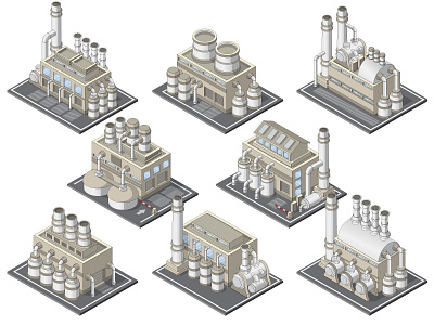 Set of industrial buildings. building chemical equipment facade factory home house industrial industry isolated isometric kit manufacturing model pipe plant production set storage tube