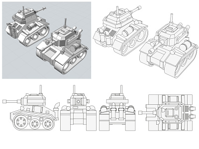 A set of drawings of the tank. 3D illustration. armed armor combat contour drawing fighting futuristic game illustration kit layout military outline scheme set silhouette tank vector weapon